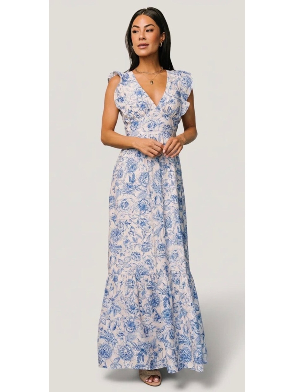 Baltic Born Hampton Maxi Dress L Blue Ivory Floral Tie Back Ruffle Sleeve